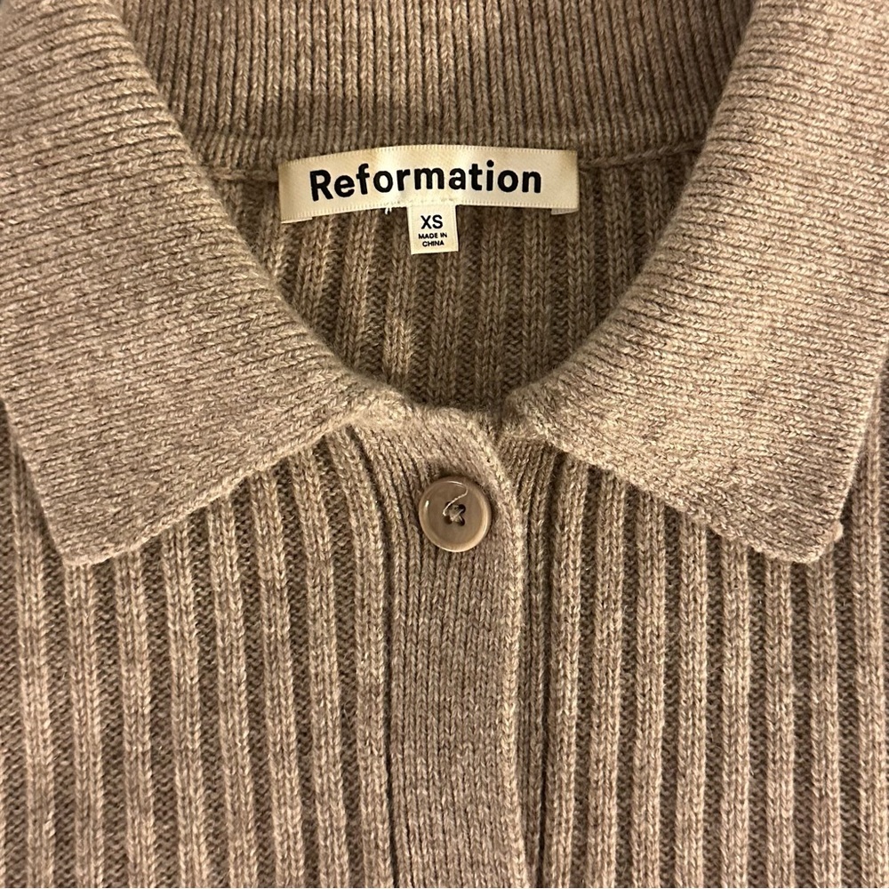 Reformation Ribbed Button-Up Cardigan in Taupe - Picture 3 of 5